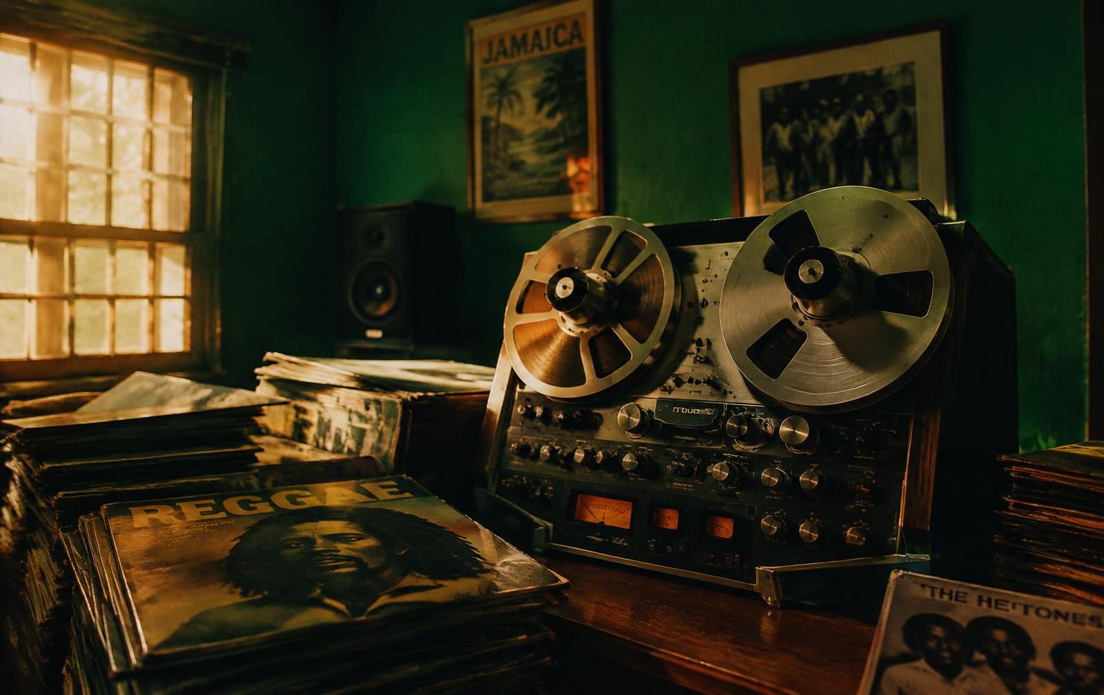 Reel-to-reel tape machine and reggae records in a studio